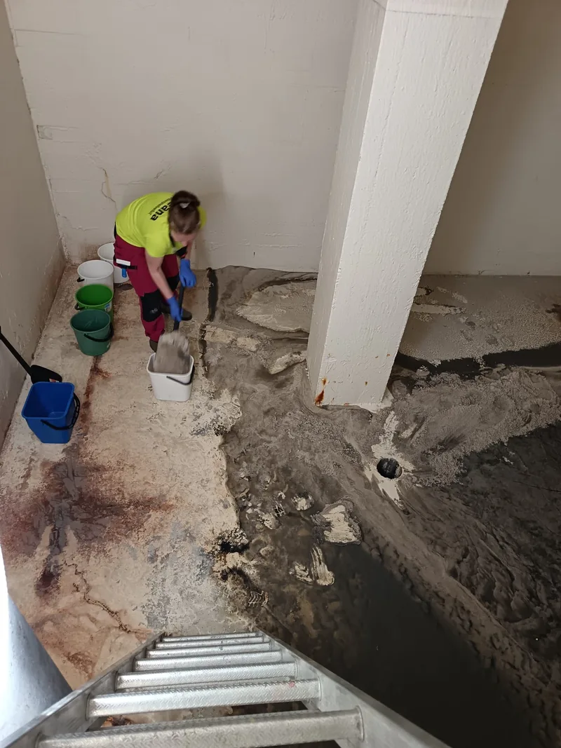 Cleanan ty&ouml;ntekij&auml; pesee kellarin betonilattiaa, vieress&auml; rivi erillisi&auml; &auml;mp&auml;reit&auml;